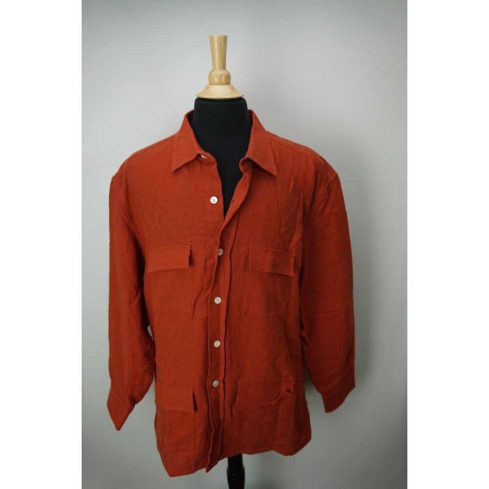 Anderson & Sheppard Reddish Orange Button Up 100% Linen Shirt Jacket 2XL XXL
